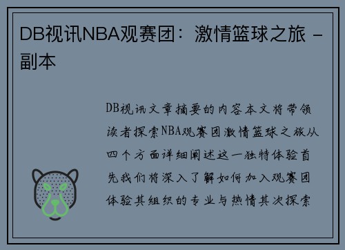 DB视讯NBA观赛团：激情篮球之旅 - 副本