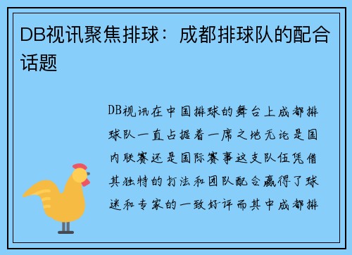 DB视讯聚焦排球：成都排球队的配合话题