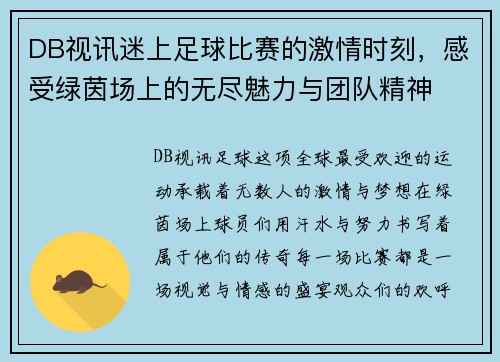 DB视讯迷上足球比赛的激情时刻，感受绿茵场上的无尽魅力与团队精神